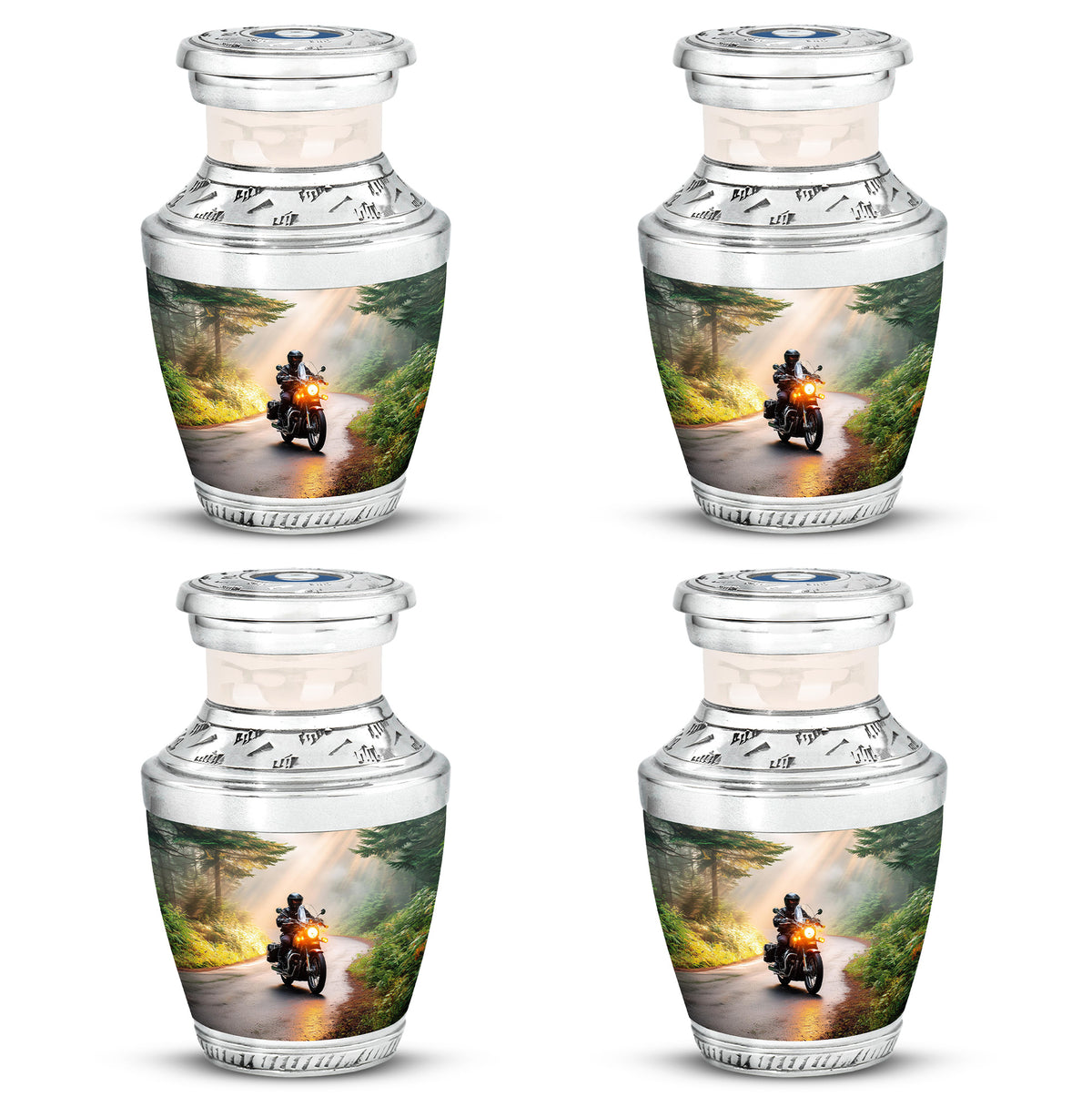 Sunrise Gold Bike Cremation Urn back view with polished surface - modern art-inspired bike motif on sleek aluminum - 10 inch aluminum urn for cremated remains