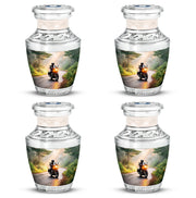 Sunrise Gold Bike Cremation Urn back view with polished surface - modern art-inspired bike motif on sleek aluminum - 10 inch aluminum urn for cremated remains