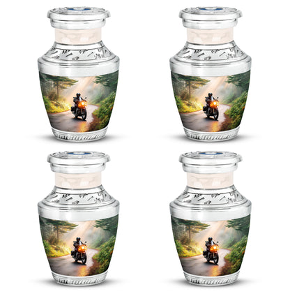 Sunrise Gold Bike Cremation Urn back view with polished surface - modern art-inspired bike motif on sleek aluminum - 10 inch aluminum urn for cremated remains