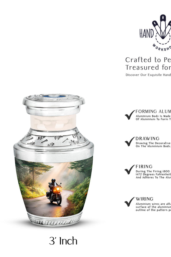 Amber Gold Bike Cremation Urn top-down view of secure threaded lid - modern art-inspired bike motif on sleek aluminum - mini keepsake memorial for portion of cremation ashes