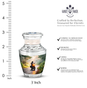 Amber Gold Bike Cremation Urn top-down view of secure threaded lid - modern art-inspired bike motif on sleek aluminum - mini keepsake memorial for portion of cremation ashes