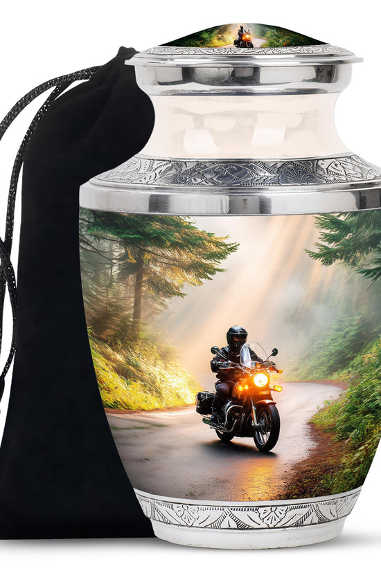 Sunrise Gold Bike Cremation Urn side profile showing urn shape - contemporary bike design with modern artistic flair - full-size 10 inch 200 cubic inch adult cremation urn