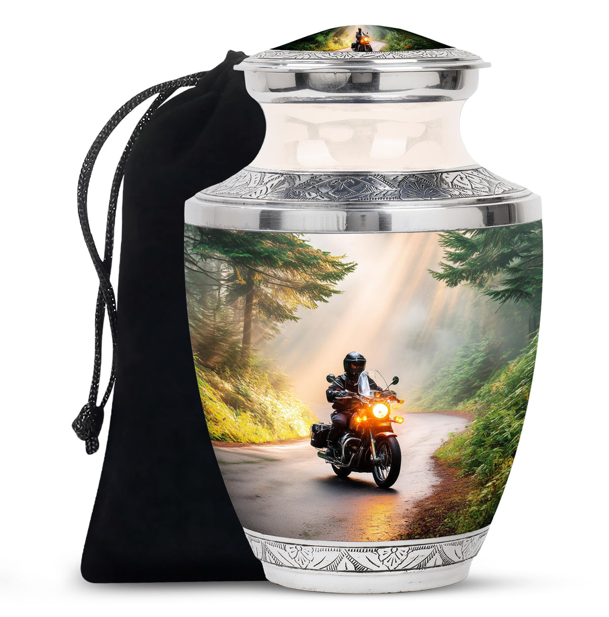 Sunrise Gold Bike Cremation Urn side profile showing urn shape - contemporary bike design with modern artistic flair - full-size 10 inch 200 cubic inch adult cremation urn
