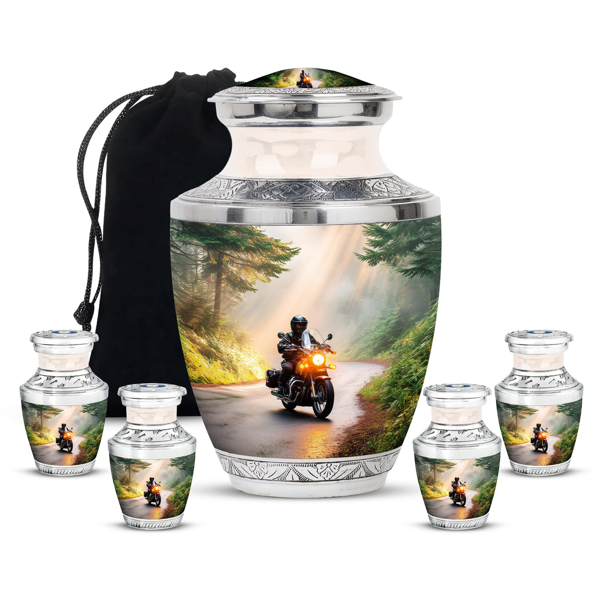 Warm Gold Bike Cremation Urn lifestyle display on memorial shelf - stylized abstract bike pattern with bold lines - memorial set with one large and four small urns