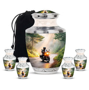 Warm Gold Bike Cremation Urn lifestyle display on memorial shelf - stylized abstract bike pattern with bold lines - memorial set with one large and four small urns
