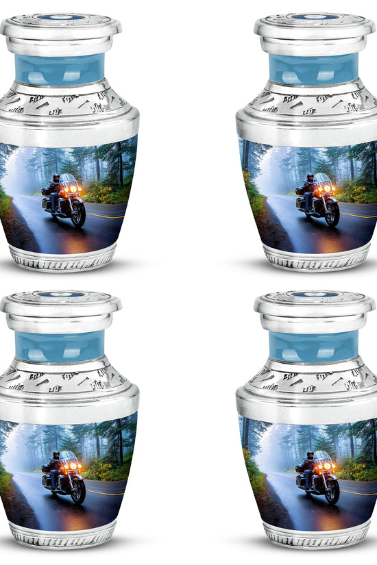Vivid Blue Bike Cremation Urn back view with polished surface - artistic bike interpretation with creative detail - 10 inch aluminum urn for cremated remains