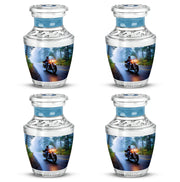 Vivid Blue Bike Cremation Urn back view with polished surface - artistic bike interpretation with creative detail - 10 inch aluminum urn for cremated remains