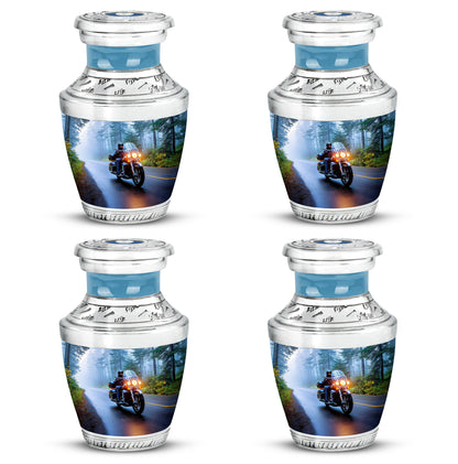 Vivid Blue Bike Cremation Urn back view with polished surface - artistic bike interpretation with creative detail - 10 inch aluminum urn for cremated remains
