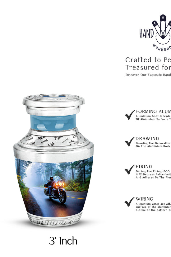 Azure Bike Cremation Urn top-down view of secure threaded lid - modern art-inspired bike motif on sleek aluminum - mini keepsake memorial for portion of cremation ashes