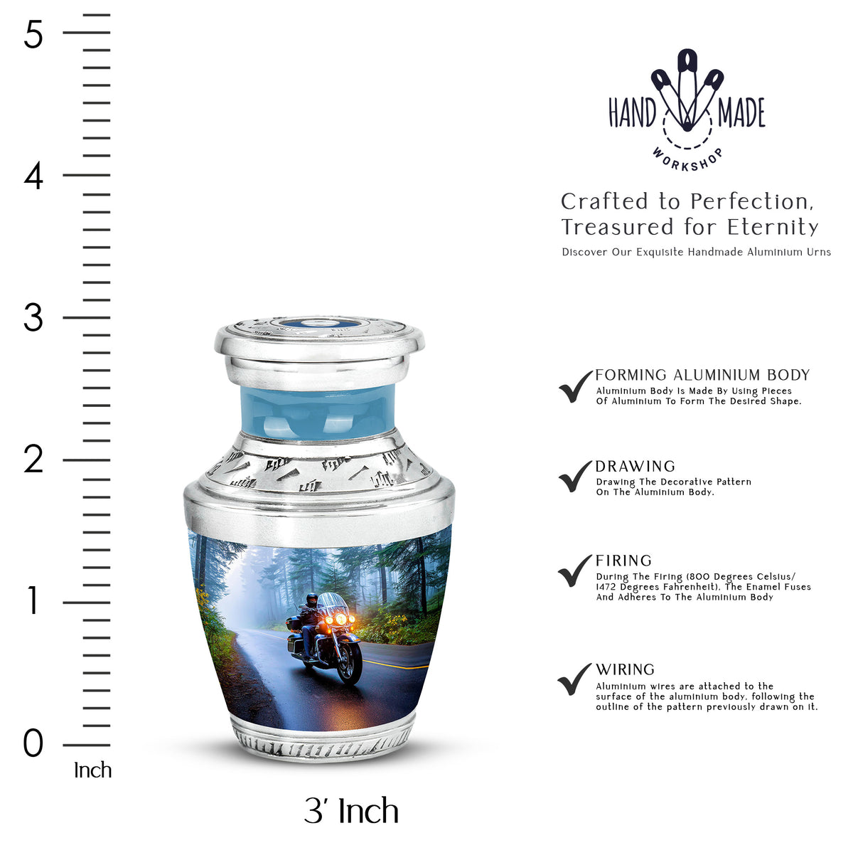 Azure Bike Cremation Urn top-down view of secure threaded lid - modern art-inspired bike motif on sleek aluminum - mini keepsake memorial for portion of cremation ashes