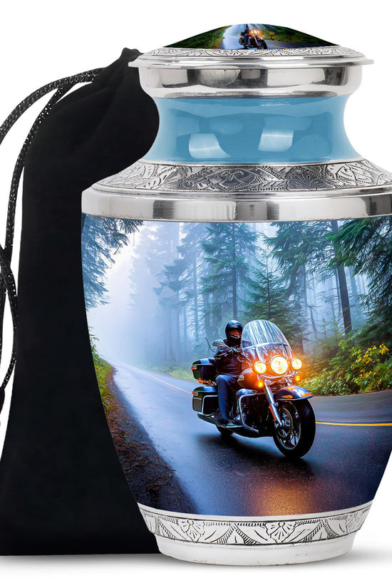 Pastel Blue Bike Cremation Urn side profile showing urn shape - modern art-inspired bike motif on sleek aluminum - full-size 10 inch 200 cubic inch adult cremation urn