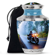 Pastel Blue Bike Cremation Urn side profile showing urn shape - modern art-inspired bike motif on sleek aluminum - full-size 10 inch 200 cubic inch adult cremation urn