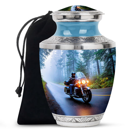Pastel Blue Bike Cremation Urn side profile showing urn shape - modern art-inspired bike motif on sleek aluminum - full-size 10 inch 200 cubic inch adult cremation urn