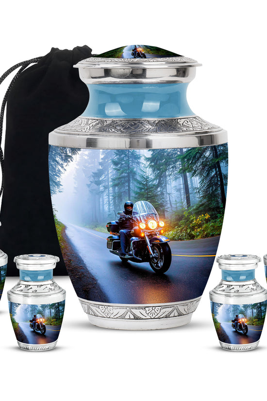 Powder Blue Bike Cremation Urn lifestyle display on memorial shelf - contemporary bike design with modern artistic flair - memorial set with one large and four small urns