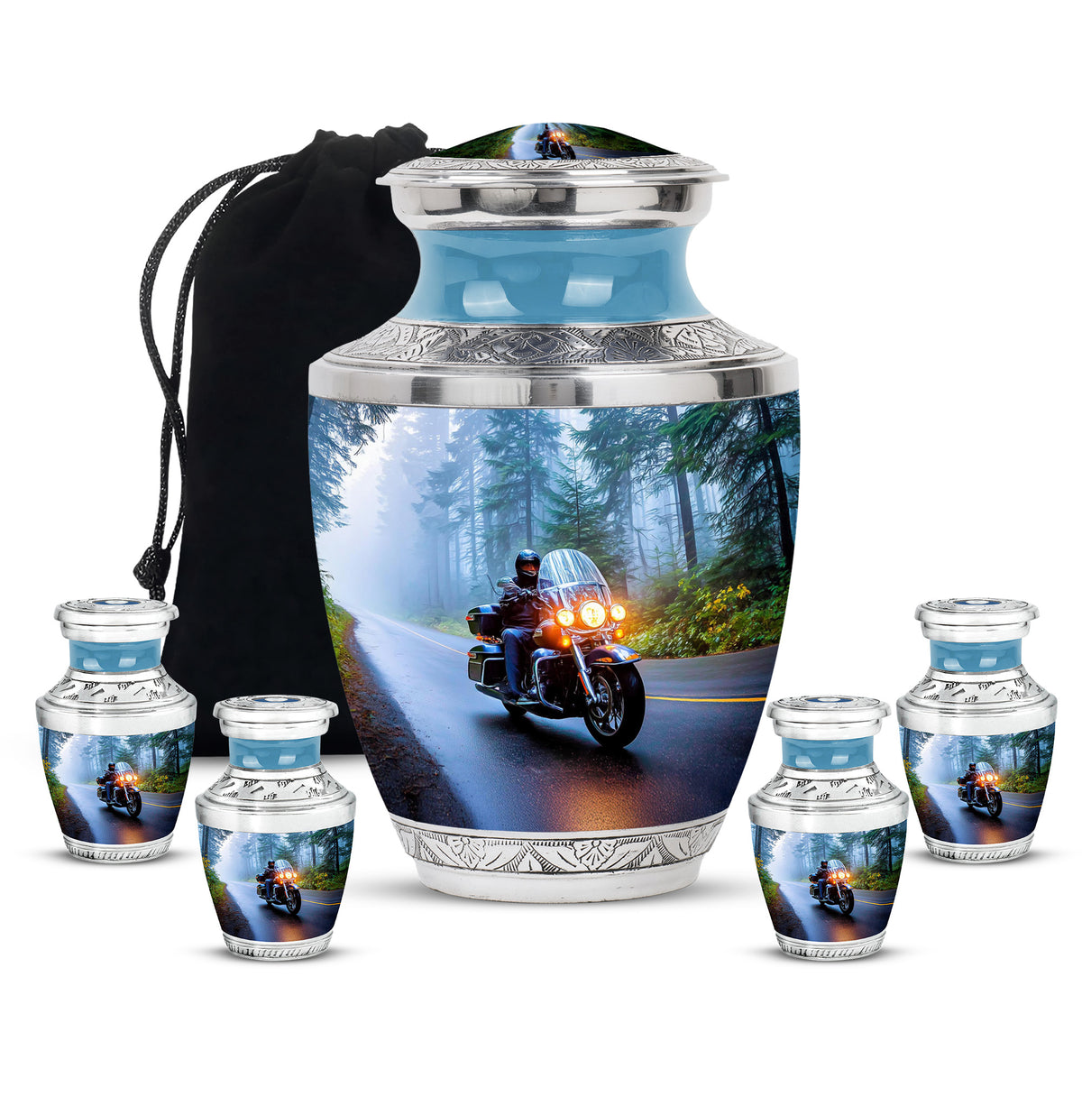 Powder Blue Bike Cremation Urn lifestyle display on memorial shelf - contemporary bike design with modern artistic flair - memorial set with one large and four small urns