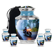 Powder Blue Bike Cremation Urn lifestyle display on memorial shelf - contemporary bike design with modern artistic flair - memorial set with one large and four small urns