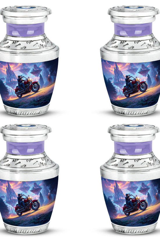 Calming Blue Bike Cremation Urn back view with polished surface - artistic bike interpretation with creative detail - 10 inch aluminum urn for cremated remains