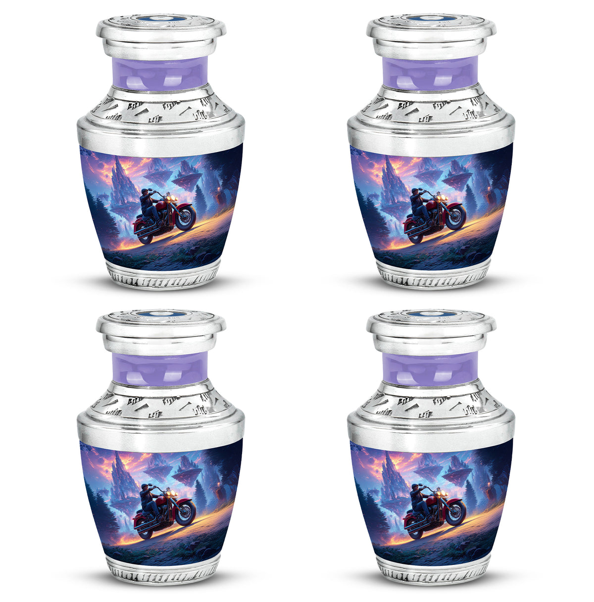Calming Blue Bike Cremation Urn back view with polished surface - artistic bike interpretation with creative detail - 10 inch aluminum urn for cremated remains