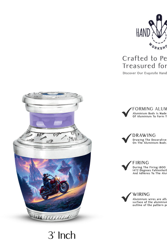 Indigo Bike Cremation Urn top-down view of secure threaded lid - contemporary bike design with modern artistic flair - mini keepsake memorial for portion of cremation ashes