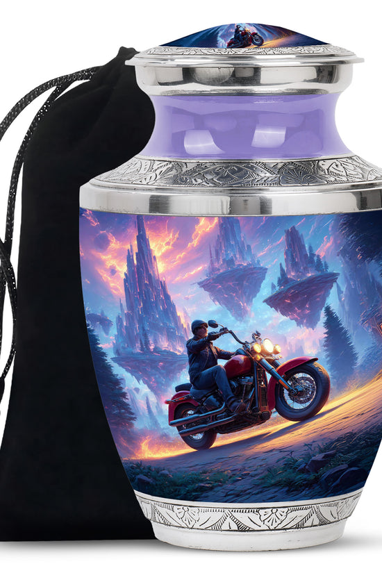 Sky Blue Bike Cremation Urn side profile showing urn shape - contemporary bike design with modern artistic flair - full-size 10 inch 200 cubic inch adult cremation urn