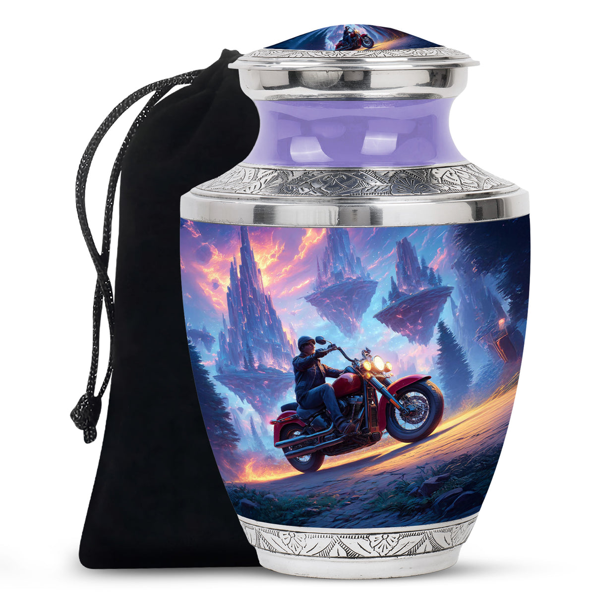 Sky Blue Bike Cremation Urn side profile showing urn shape - contemporary bike design with modern artistic flair - full-size 10 inch 200 cubic inch adult cremation urn