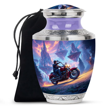 Sky Blue Bike Cremation Urn side profile showing urn shape - contemporary bike design with modern artistic flair - full-size 10 inch 200 cubic inch adult cremation urn