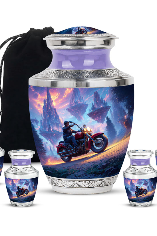 Navy Blue Bike Cremation Urn lifestyle display on memorial shelf - contemporary bike design with modern artistic flair - memorial set with one large and four small urns