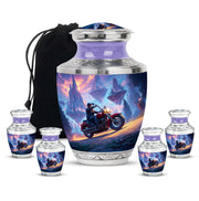 Navy Blue Bike Cremation Urn lifestyle display on memorial shelf - contemporary bike design with modern artistic flair - memorial set with one large and four small urns