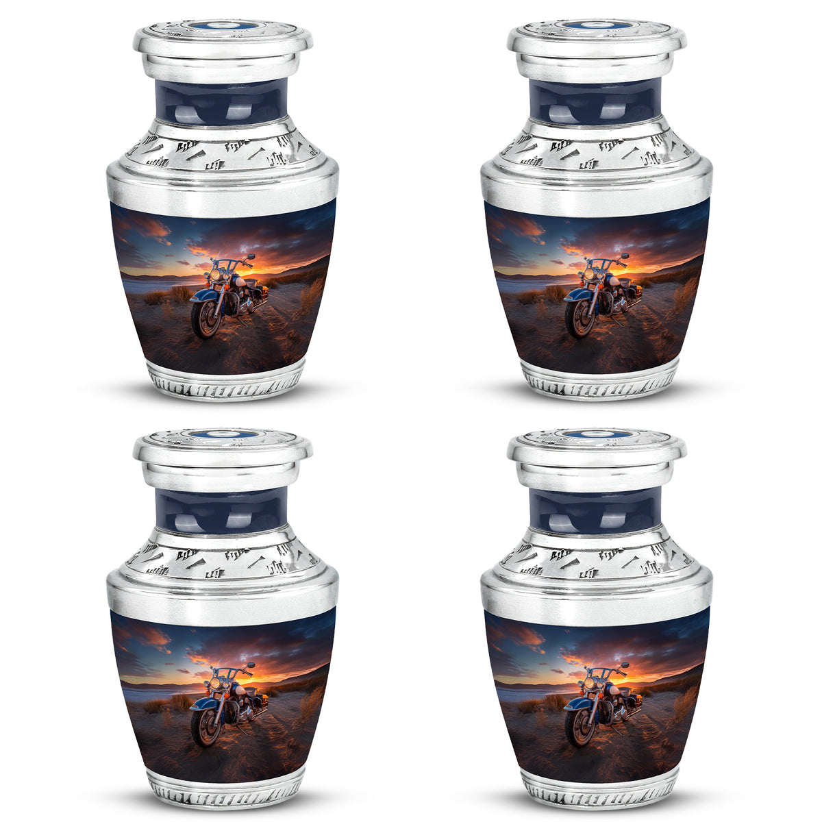 Jet Black Bike Cremation Urn back view with polished surface - modern art-inspired bike motif on sleek aluminum - 10 inch aluminum urn for cremated remains
