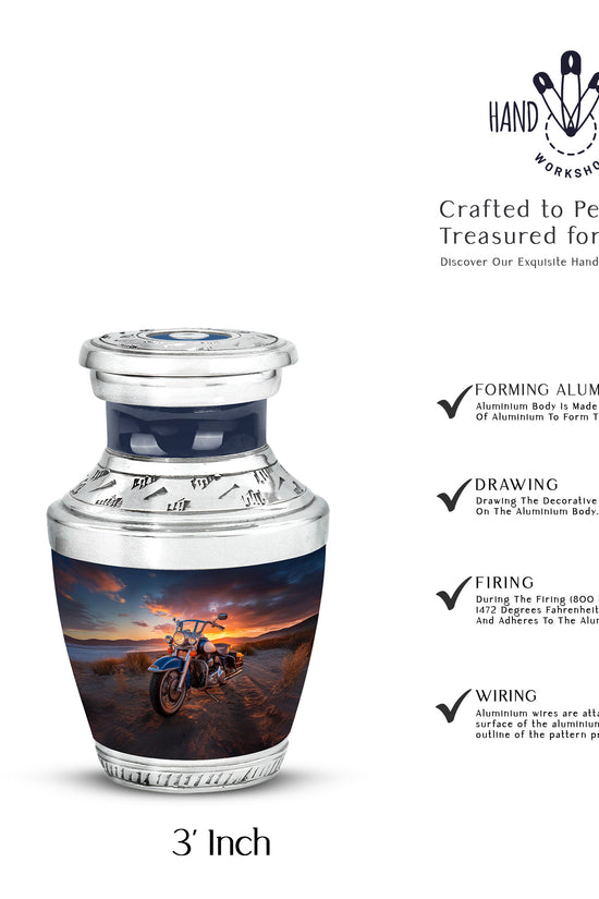 Obsidian Black Bike Cremation Urn top-down view of secure threaded lid - artistic bike interpretation with creative detail - mini keepsake memorial for portion of cremation ashes