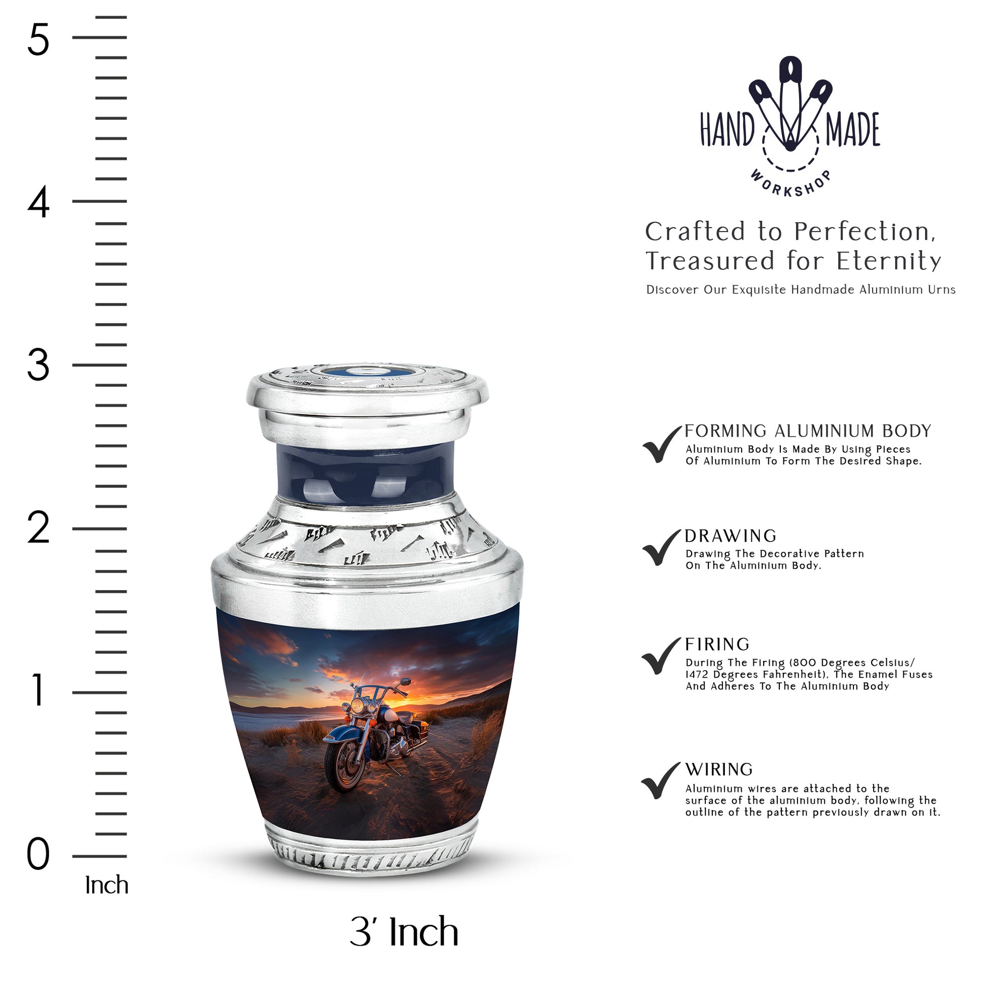 Obsidian Black Bike Cremation Urn top-down view of secure threaded lid - artistic bike interpretation with creative detail - mini keepsake memorial for portion of cremation ashes