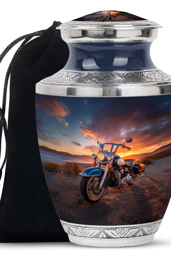 Dark Black Bike Cremation Urn side profile showing urn shape - stylized abstract bike pattern with bold lines - full-size 10 inch 200 cubic inch adult cremation urn