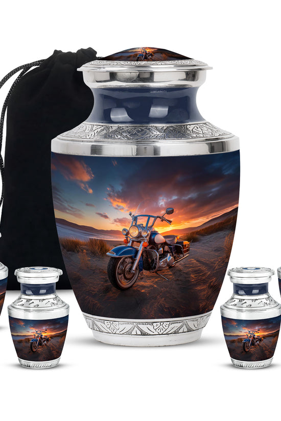 Obsidian Black Bike Cremation Urn lifestyle display on memorial shelf - artistic bike interpretation with creative detail - memorial set with one large and four small urns