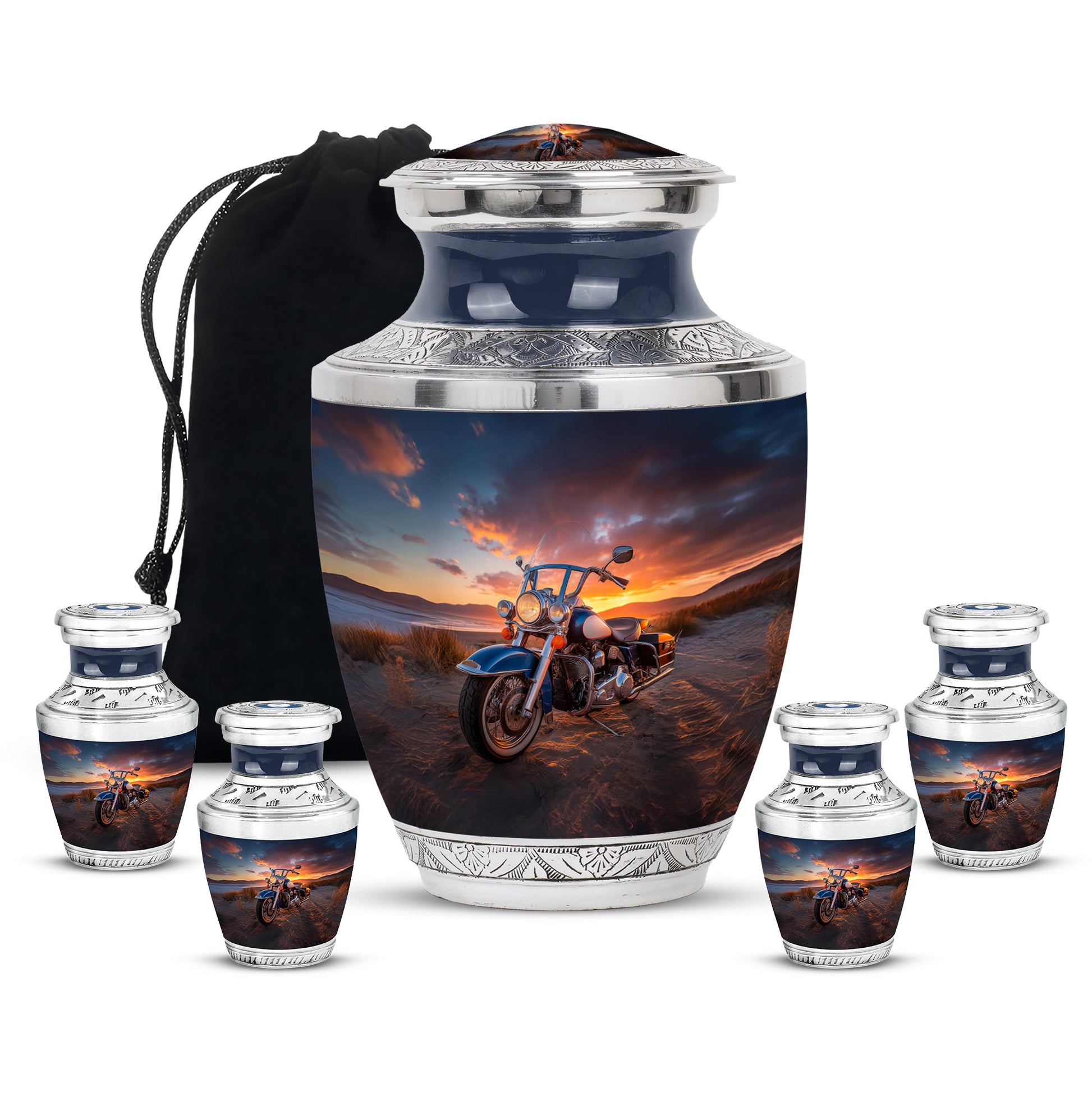 Obsidian Black Bike Cremation Urn lifestyle display on memorial shelf - artistic bike interpretation with creative detail - memorial set with one large and four small urns