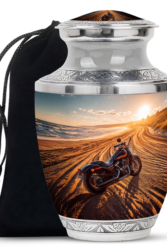 Ash Gray Bike Cremation Urn side profile showing urn shape - artistic bike interpretation with creative detail - full-size 10 inch 200 cubic inch adult cremation urn