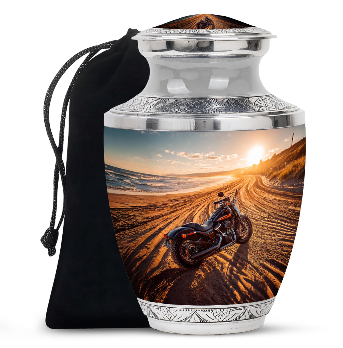 Ash Gray Bike Cremation Urn side profile showing urn shape - artistic bike interpretation with creative detail - full-size 10 inch 200 cubic inch adult cremation urn