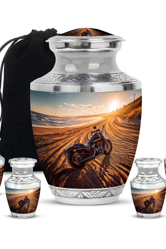 Pewter Gray Bike Cremation Urn lifestyle display on memorial shelf - contemporary bike design with modern artistic flair - memorial set with one large and four small urns