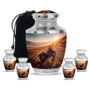 Pewter Gray Bike Cremation Urn lifestyle display on memorial shelf - contemporary bike design with modern artistic flair - memorial set with one large and four small urns