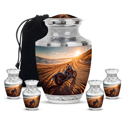Pewter Gray Bike Cremation Urn lifestyle display on memorial shelf - contemporary bike design with modern artistic flair - memorial set with one large and four small urns