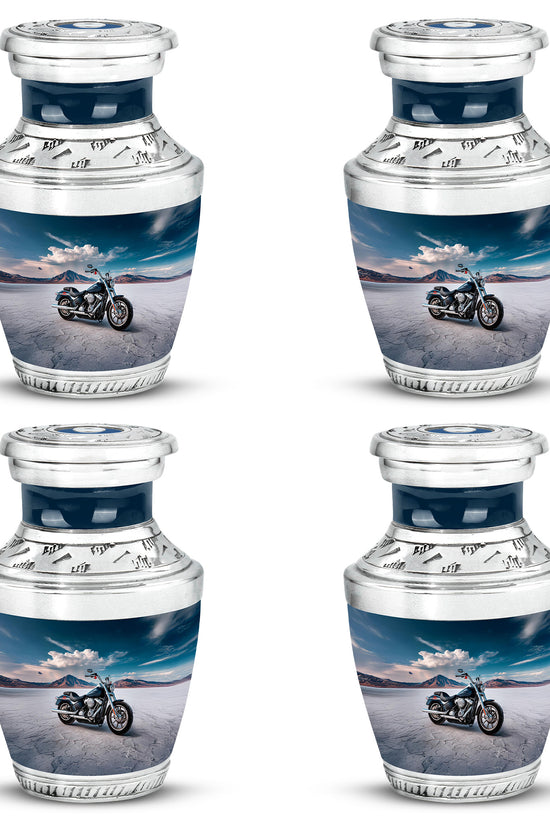 Dusty Blue Bike Cremation Urn back view with polished surface - modern art-inspired bike motif on sleek aluminum - 10 inch aluminum urn for cremated remains