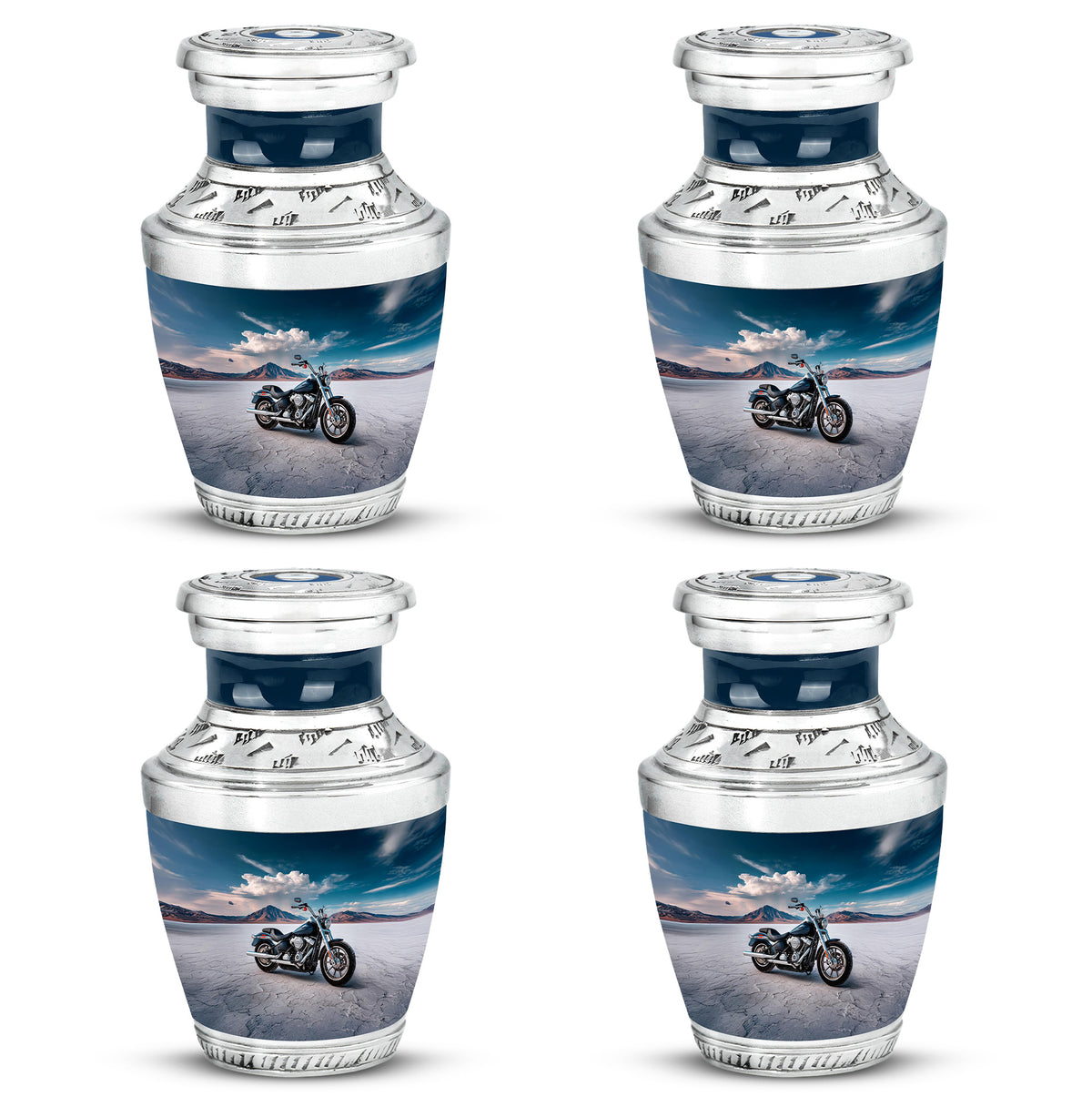 Dusty Blue Bike Cremation Urn back view with polished surface - modern art-inspired bike motif on sleek aluminum - 10 inch aluminum urn for cremated remains