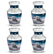 Dusty Blue Bike Cremation Urn back view with polished surface - modern art-inspired bike motif on sleek aluminum - 10 inch aluminum urn for cremated remains