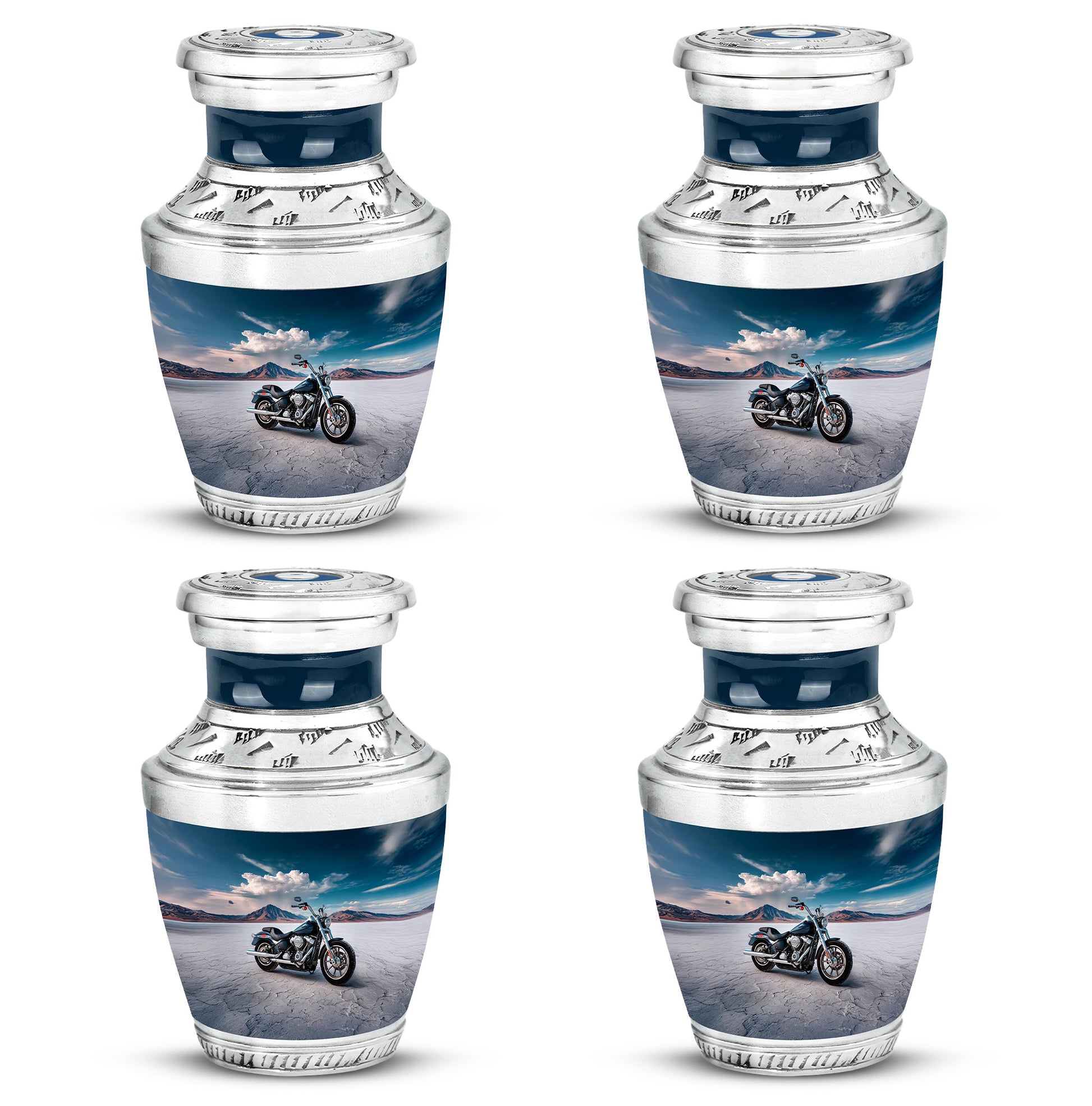 Dusty Blue Bike Cremation Urn back view with polished surface - modern art-inspired bike motif on sleek aluminum - 10 inch aluminum urn for cremated remains