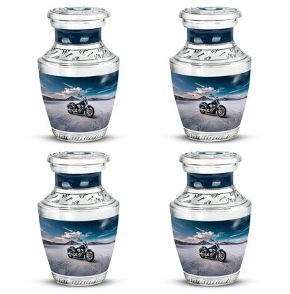 Dusty Blue Bike Cremation Urn back view with polished surface - modern art-inspired bike motif on sleek aluminum - 10 inch aluminum urn for cremated remains