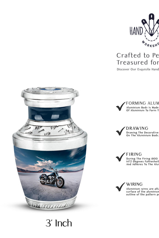Calming Blue Bike Cremation Urn top-down view of secure threaded lid - artistic bike interpretation with creative detail - mini keepsake memorial for portion of cremation ashes