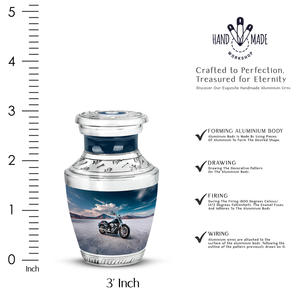 Calming Blue Bike Cremation Urn top-down view of secure threaded lid - artistic bike interpretation with creative detail - mini keepsake memorial for portion of cremation ashes