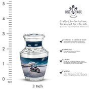Calming Blue Bike Cremation Urn top-down view of secure threaded lid - artistic bike interpretation with creative detail - mini keepsake memorial for portion of cremation ashes