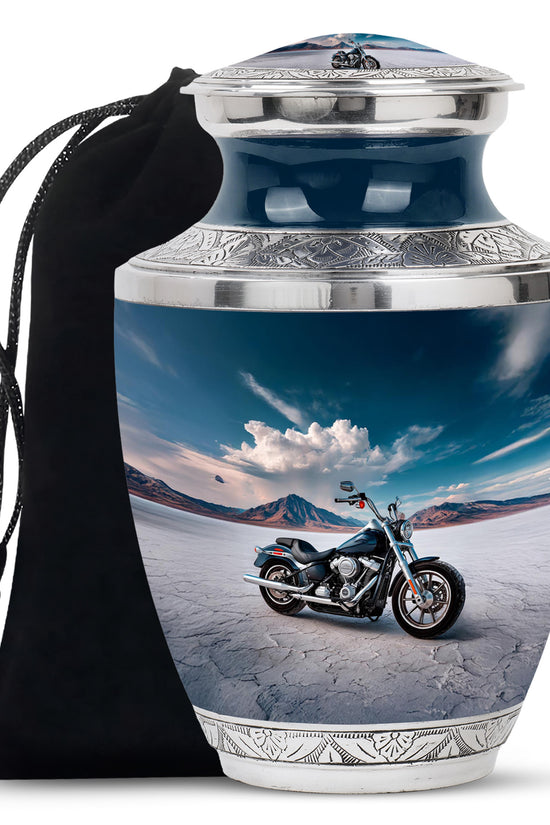 Icy Blue Bike Cremation Urn side profile showing urn shape - modern art-inspired bike motif on sleek aluminum - full-size 10 inch 200 cubic inch adult cremation urn