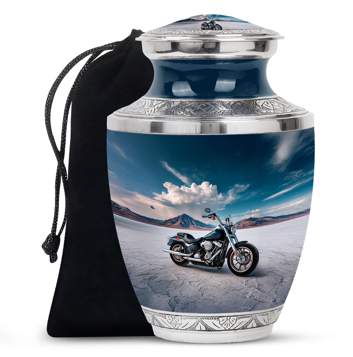 Icy Blue Bike Cremation Urn side profile showing urn shape - modern art-inspired bike motif on sleek aluminum - full-size 10 inch 200 cubic inch adult cremation urn