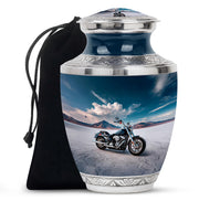 Icy Blue Bike Cremation Urn side profile showing urn shape - modern art-inspired bike motif on sleek aluminum - full-size 10 inch 200 cubic inch adult cremation urn
